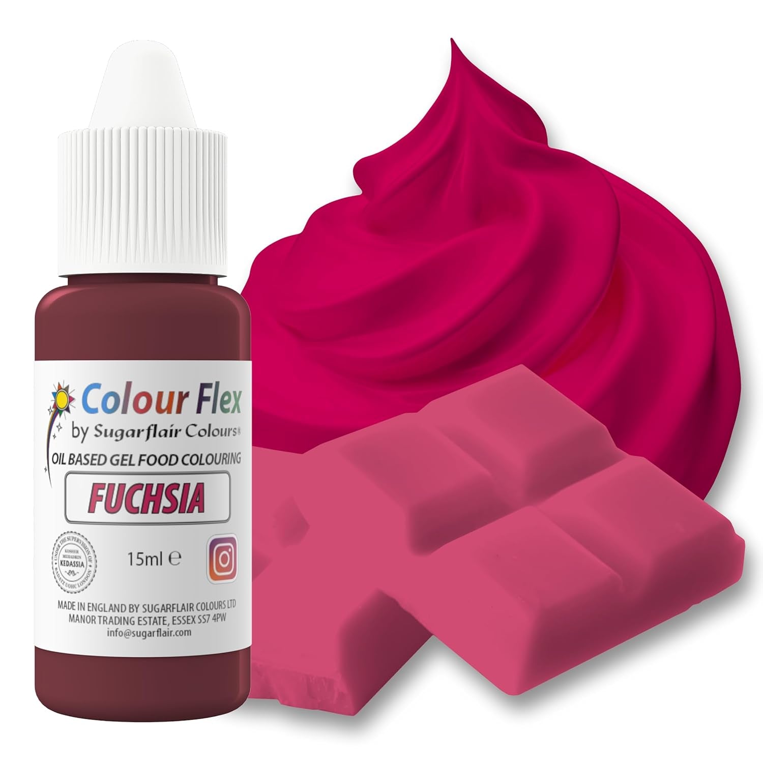 Sugarflair Colourflex Fuchsia oliebaseret fødevarefarve, højkoncentreret flydende fødevarefarve, madfarve til smørcreme, chokolade, dej, fondant, glasur og mere - 15 ml