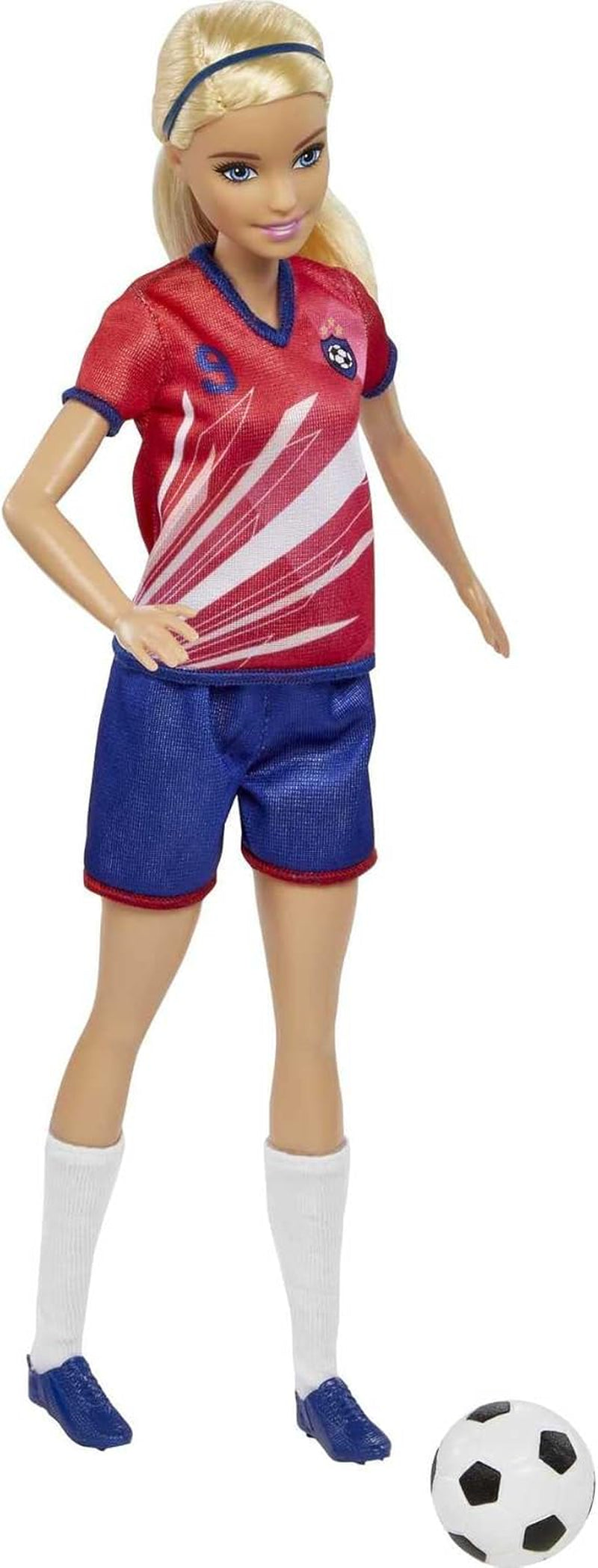 Barbie You Can Be Anything-serien, fodboldspiller, fodboldspiller med blond hår, rød og blå trøje, bold, tilbehør, dukke inkluderet, gave til 3 år og opefter, HCN17