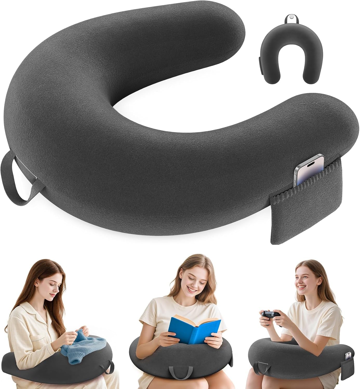 Spil- og læsepude, læsepude til seng/sofa/gulv, fodrings-/hæklepude med stor ergonomisk spillepude, gamerpude til iPad/laptop - sort