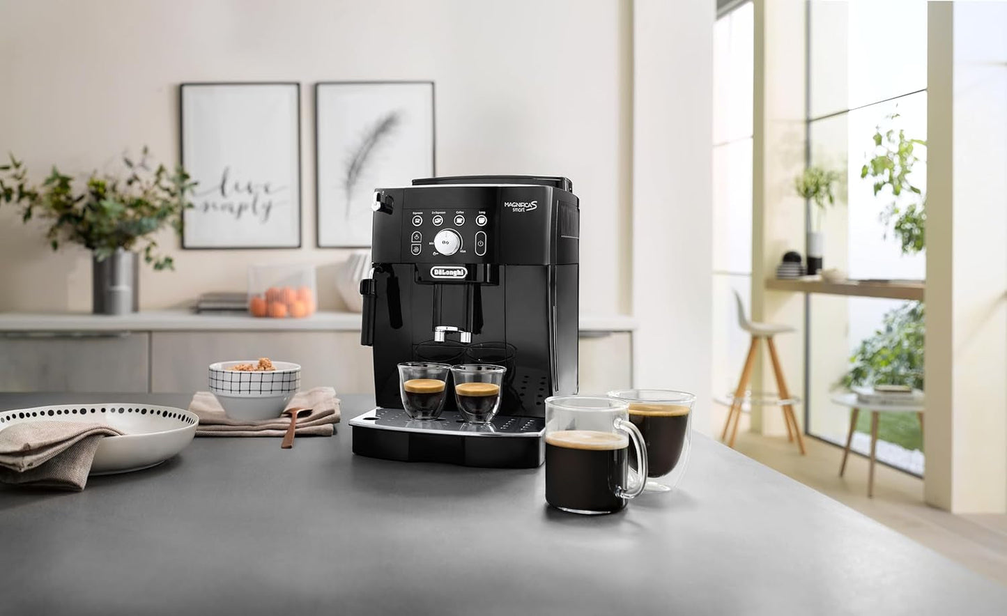 De'Longhi Magnifica S Smart ECAM 230.13.B Fuldautomatisk espressomaskine med mælkeskummer til cappuccino, espresso, kaffe og lang kaffe, direkte valgknapper og drejekontrol, 2-kops funktion, sort