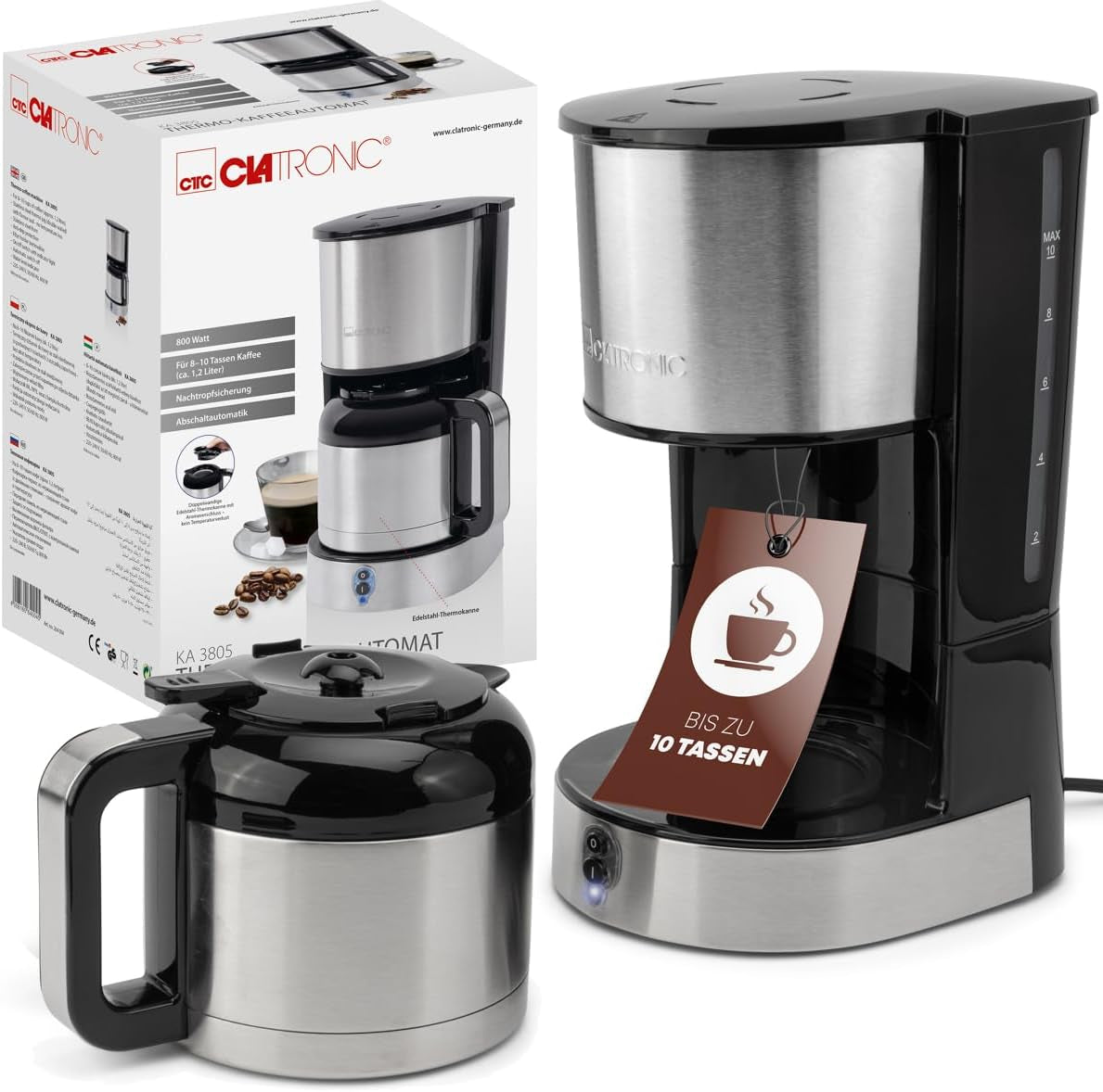 Clatronic® kaffemaskine med termokande til 8–10 kopper kaffe (ca. 1,2 l) | Kaffemaskine med filter i rustfrit stål | Dobbeltvæg termokande | Intet temperaturtab | Kaffemaskine 800 W | KA 3805