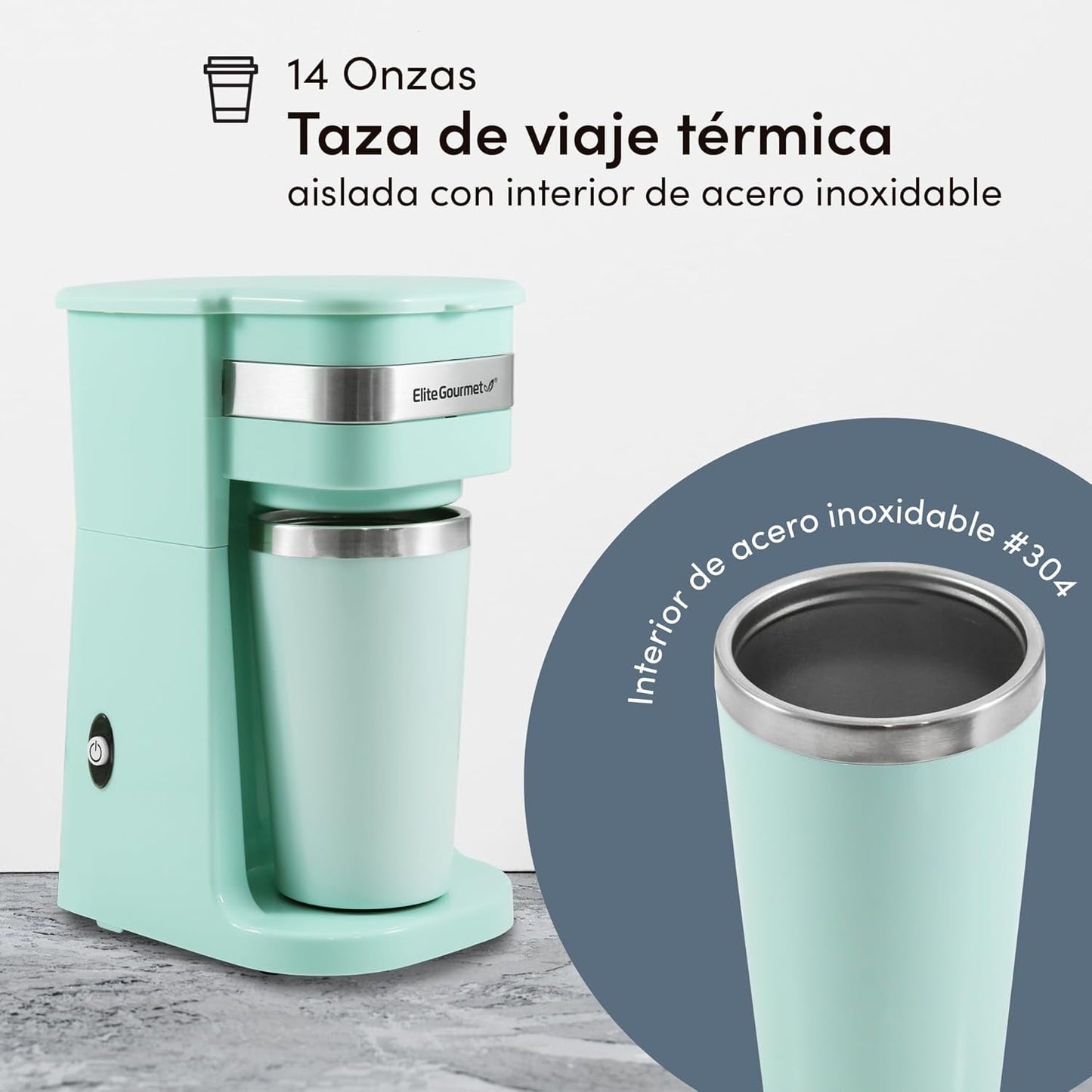 EHC113M# Kompakt personlig enkeltservefilter espressomaskine med rejsetermisk krus i rustfrit stål inde i malet kaffe Genanvendeligt filter Mintgrønt 400 ml