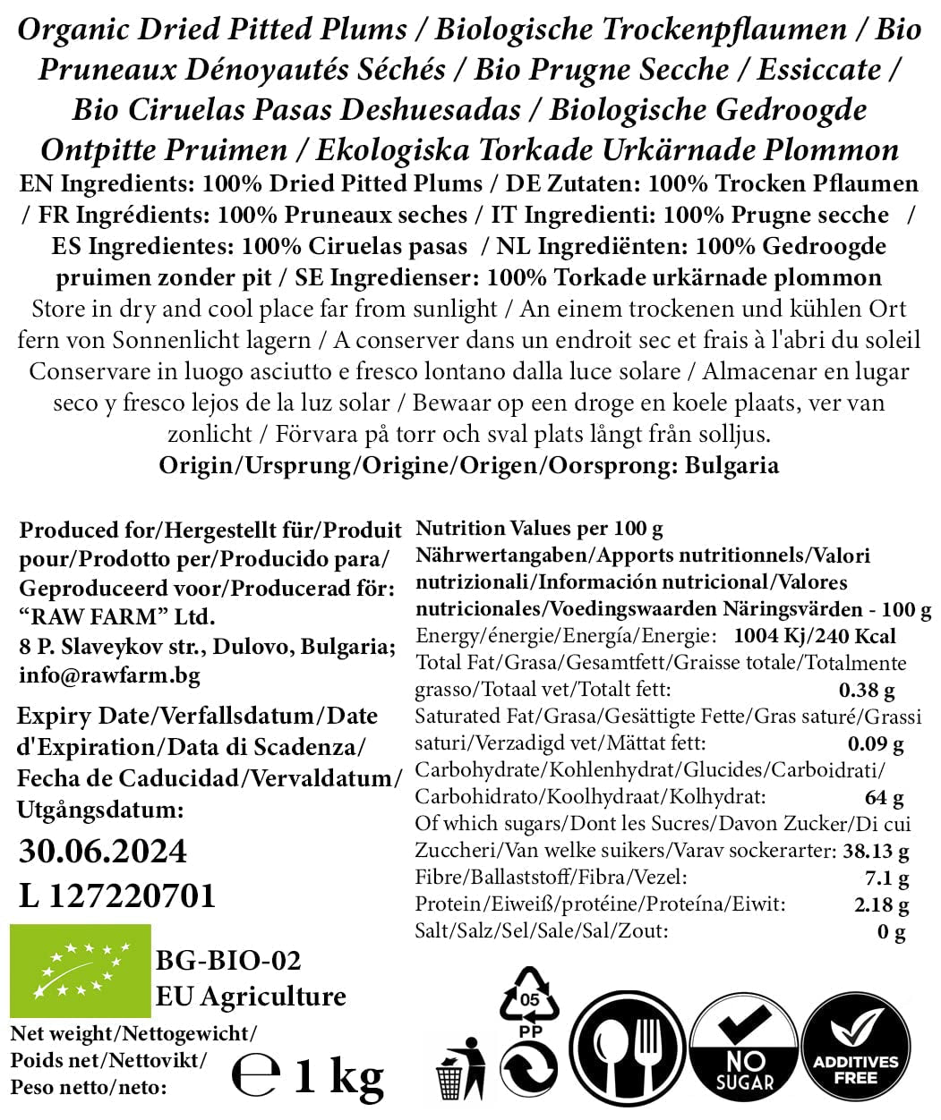 1 kg økologiske tørrede blommer med bløde gruber, uden tilsætningsstoffer og konserveringsmidler, alle naturlige Dehydrerede produkter Naty Shop