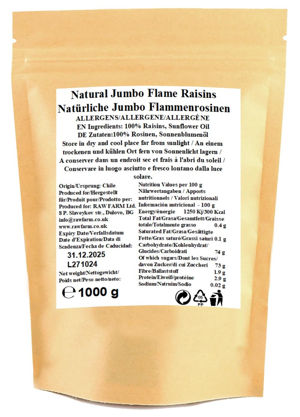 1 kg rå Jumbo Flame sultanas, hel frugt, glutenfri, sojafri, uden tilsat sukker, ingen konserveringsmidler, ingen sødestoffer, med solsikkeolie Dehydrerede produkter Naty Shop