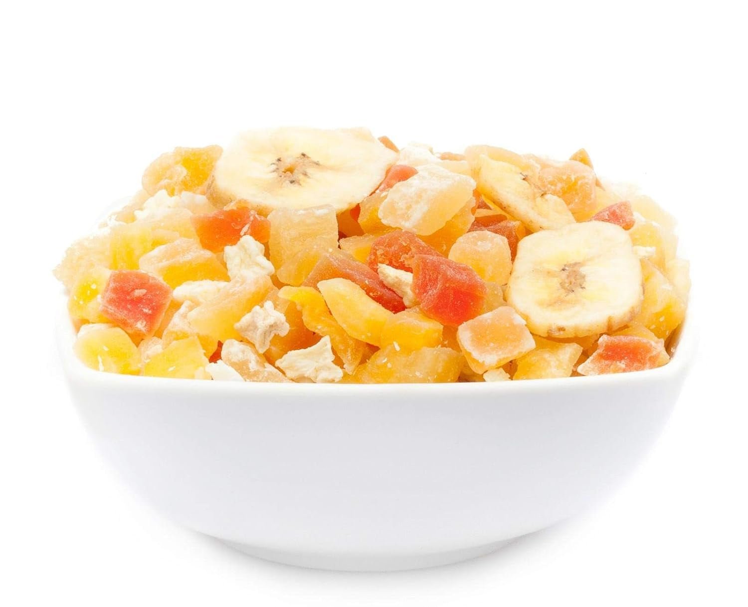 1 x 3 kg eksotisk frugtblanding kandiserede frugtstykker papaya mango melon ananas kokos æble banan fedtfattig lavt salt vegetarisk glutenfri laktosefri Dehydrerede produkter Min butik 3 kg (1 pakke)