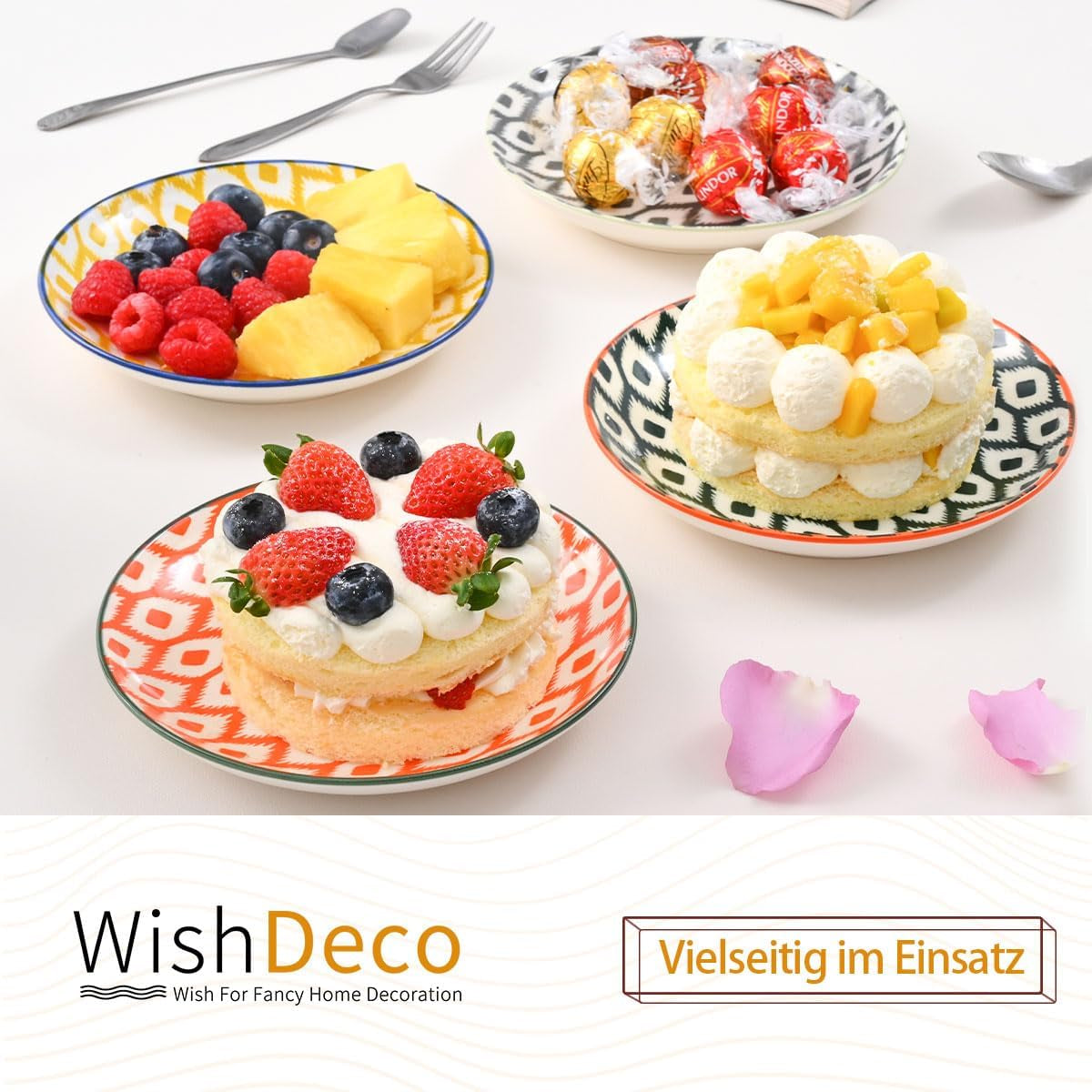 kagetallerken, sæt med 6; små desserttallerkener (15 cm); salatplader af porcelæn; farverige tallerkener til morgenmad; mini tallerkener til pasta, frugt, brød