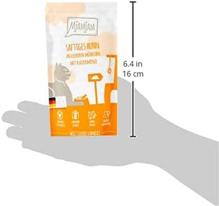 MjAMjAM - Premium våd kattefoder - Trykbar pose - Saftig kylling med lækre gulerødder 12-pak (12 x 125 g) Kornfri med ekstra kød