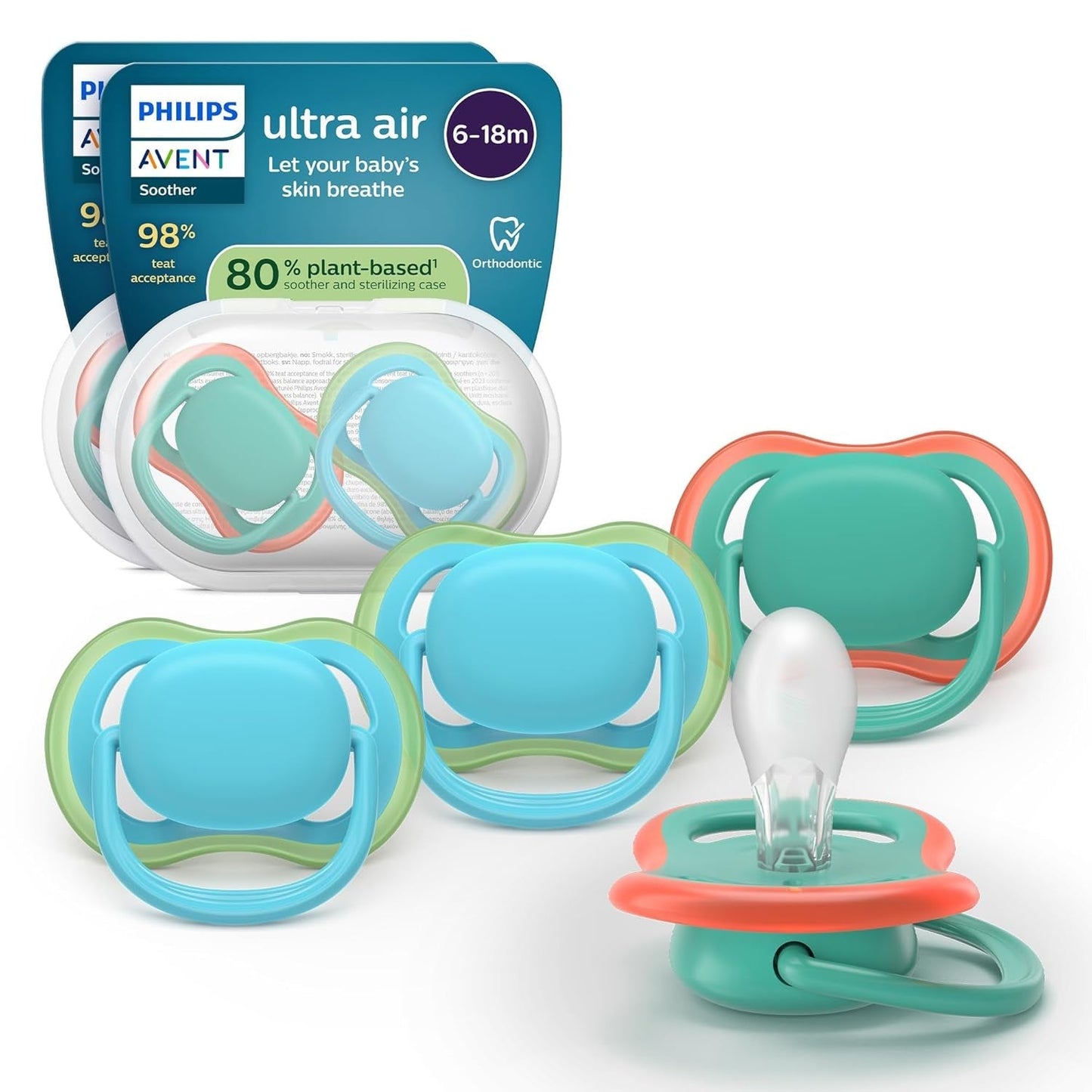 Philips AVENT ultraluftsutter - pakke med 4 BPA-fri, åndbare sutter til babyer 6-18 måneder, inklusive bæretaske og sterilisering, skildpadde/hvalmønster (model SCF085/66)