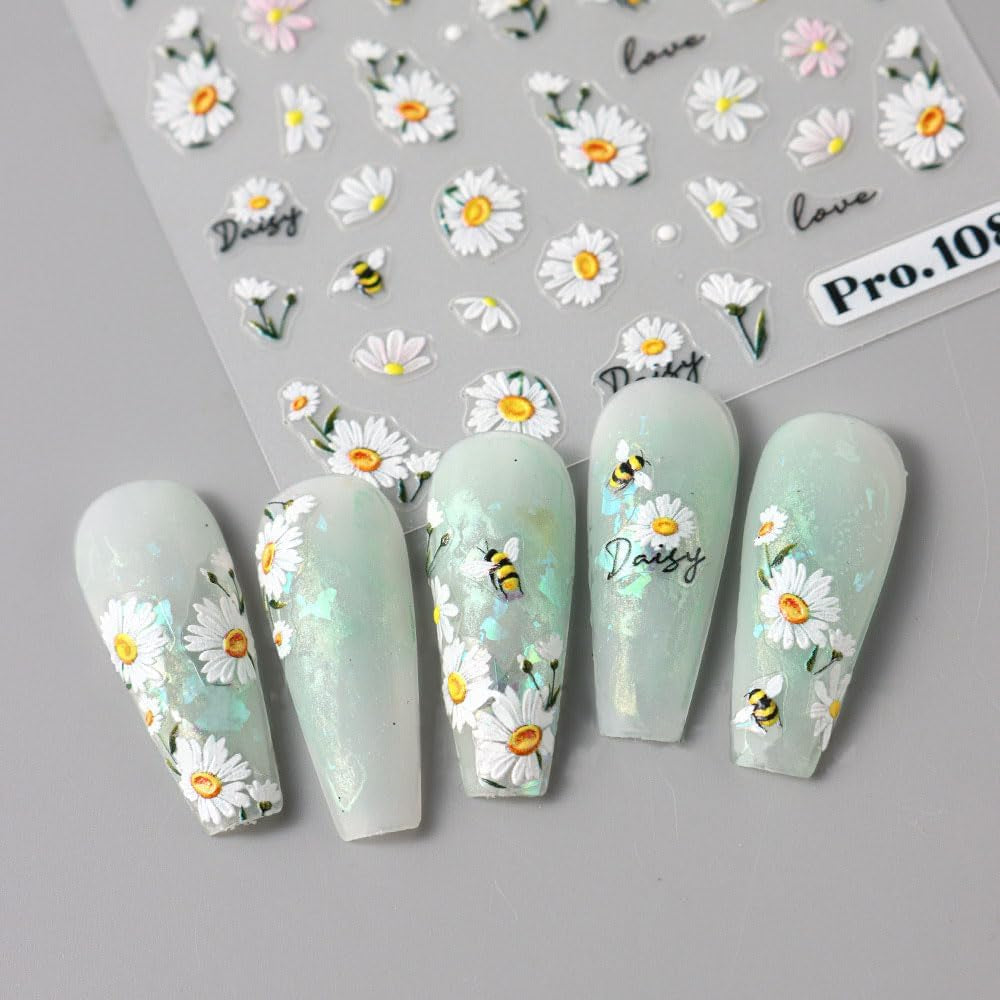 5 stk Geprägte Gänseblümchen Nagelsticker Selbstklebend Blumen Nagelaufkleber Gänseblümchen Schmetterling Nagel Sticker Nageldesign Aufkleber Nägel Zubehör Blume Nail Sticker Flower Nail Art Stickers