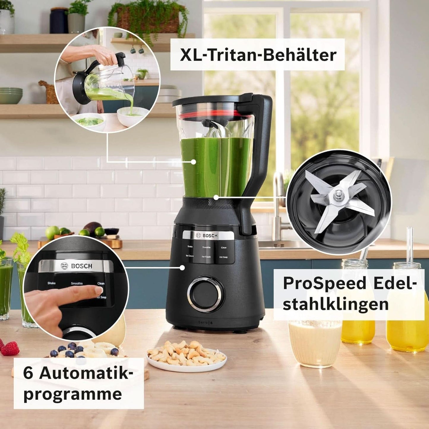 Highspeed-Standmixer Vitapower Serie 6 MMBD665B1, 45.000 U/Min, 6 Programmer Inkl Heiße Suppe & Reinigung, 2 L Mixbehälter, Stopfer, Spülmaschinenfeste Teile, Made in Europe, 1800W, Schwarz Kitchen Naty Shop