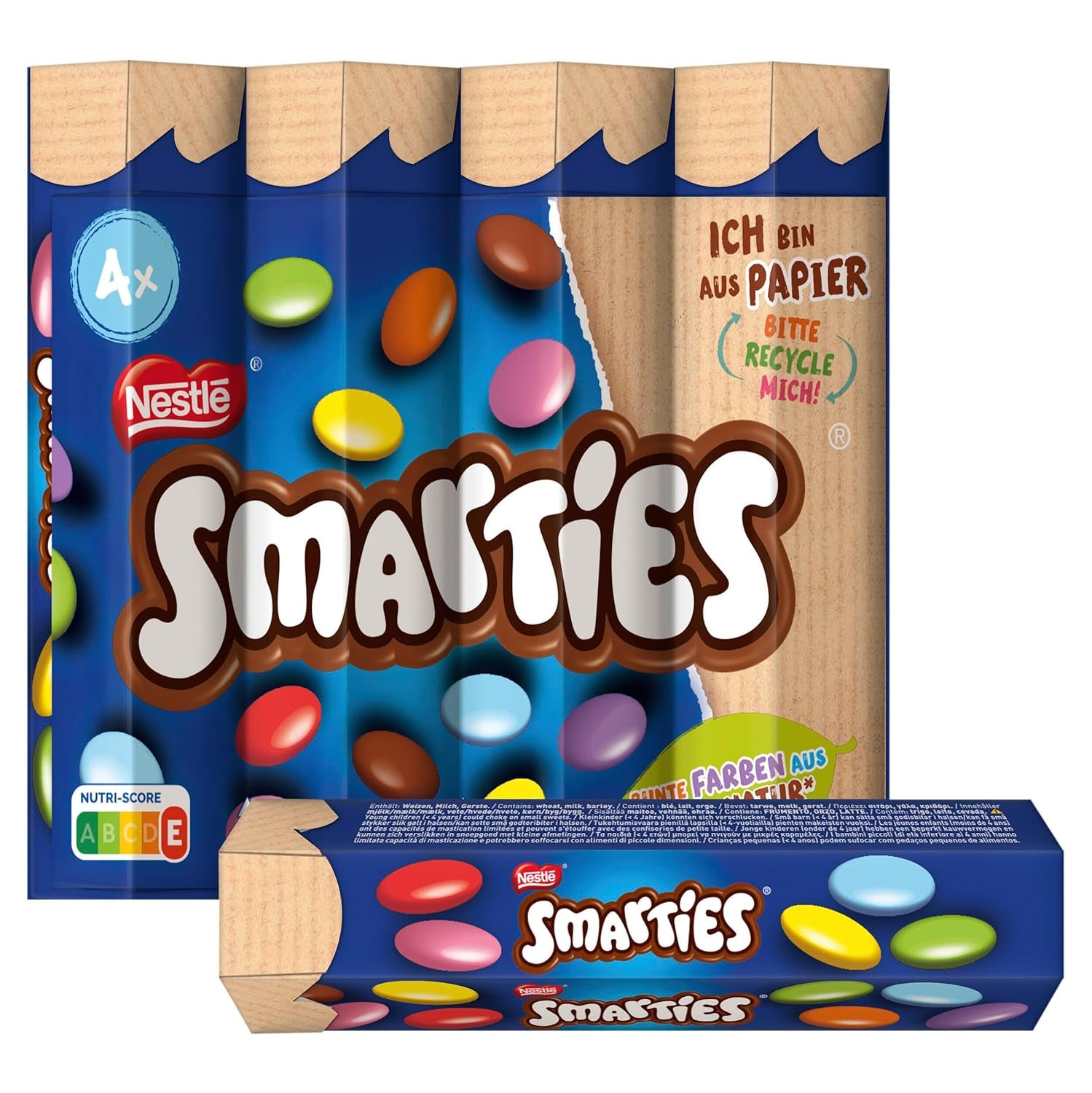 Nestlé SMARTIES Multipack, lille rulle, chokoladefarvede linser, ideel til børnefødselsdage, naturlige farver, sekskantet rulle, pakke med 12 (12x (4 x 34g))