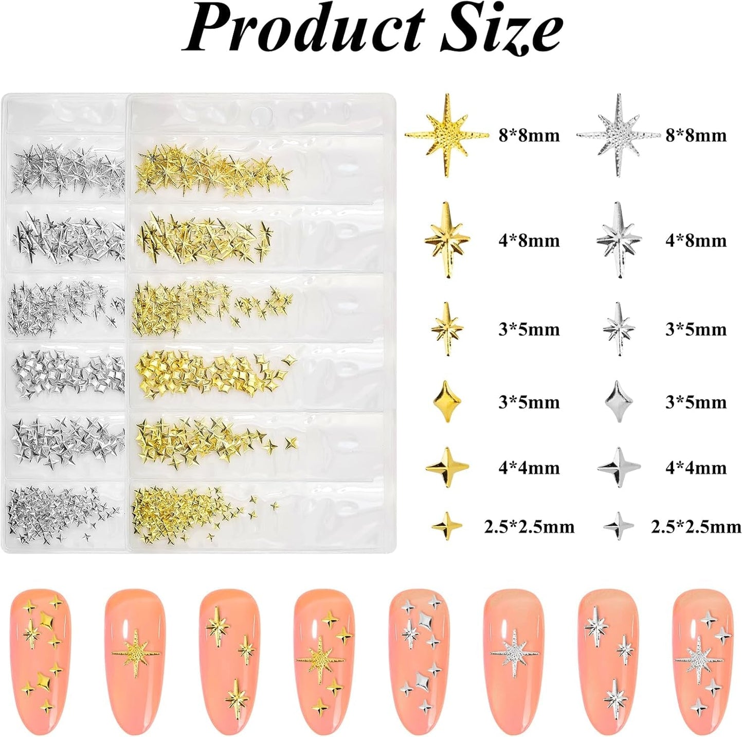 400 Stück Gold Silber Stern Nail Charms Nägel, 3D Metall Star Nagelkunst Dekorations, Star Nail Design Gemischt Größe Form Nägel Zubehör