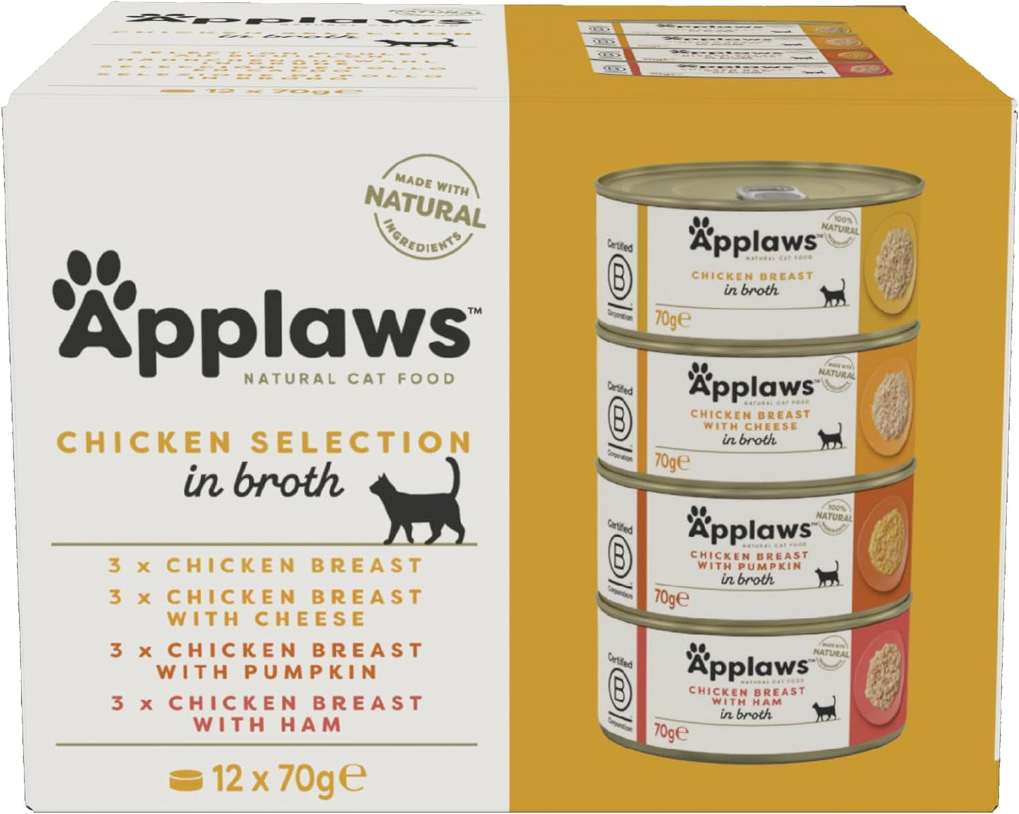 Applaws 100 % naturlig premium våd kattefoder Kyllingebouillon udvalg til voksne katte - 4 æskepakke (12 x 70 g)