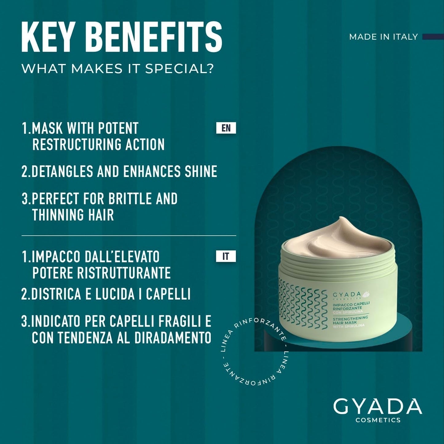 GYADA COSMETICS Spirulina hårstyrkende pakke Nærende anti-hårtab Dobbelt tips virker 250ml + bøgetræ Kam Ideel til at filtre alle hårtyper Naty Shop hårmaske
