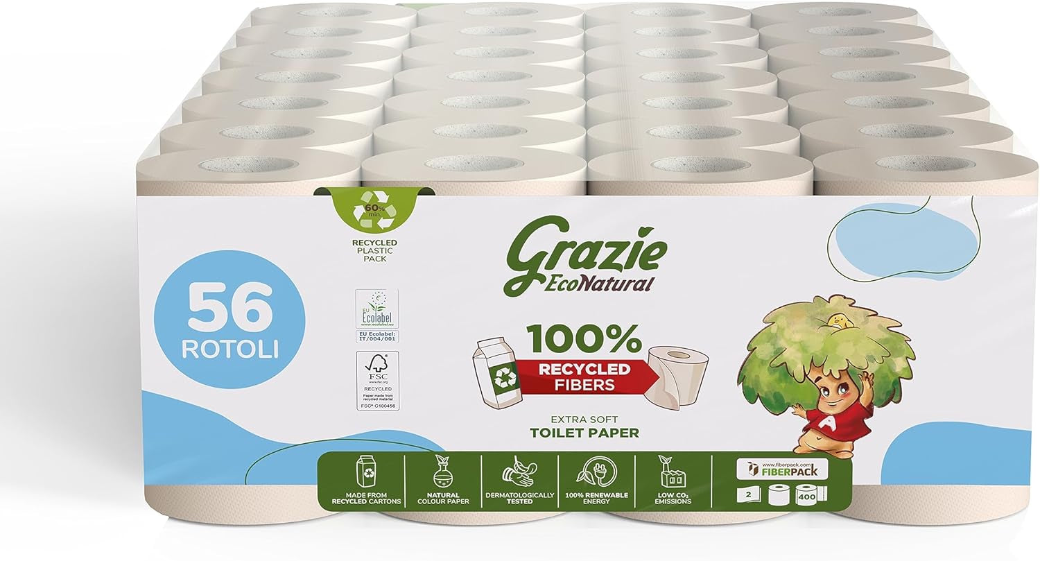 Grazie Natural Toilet Paper, Econatural, 56 ruller, Fibrepack Genbrugs Toiletpapir, 100 % Økologisk, Miljøvenlig, Miljømærket Certificeret og FSC Genanvendt, Made in Italy