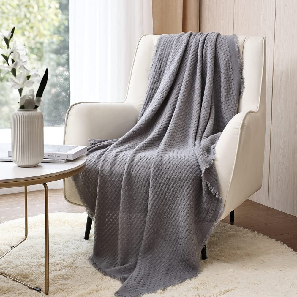 CREVENT Ruststrikket tæppe til sofa Sofastol Seng Boligindretning Blød Varm Hyggelig Letvægts Forår Sommer Efterår (127,8 X 152,4 cm Karamel / Brun / Brændt orange) CREVENT Senge og tæpper Lysegrå vaffel