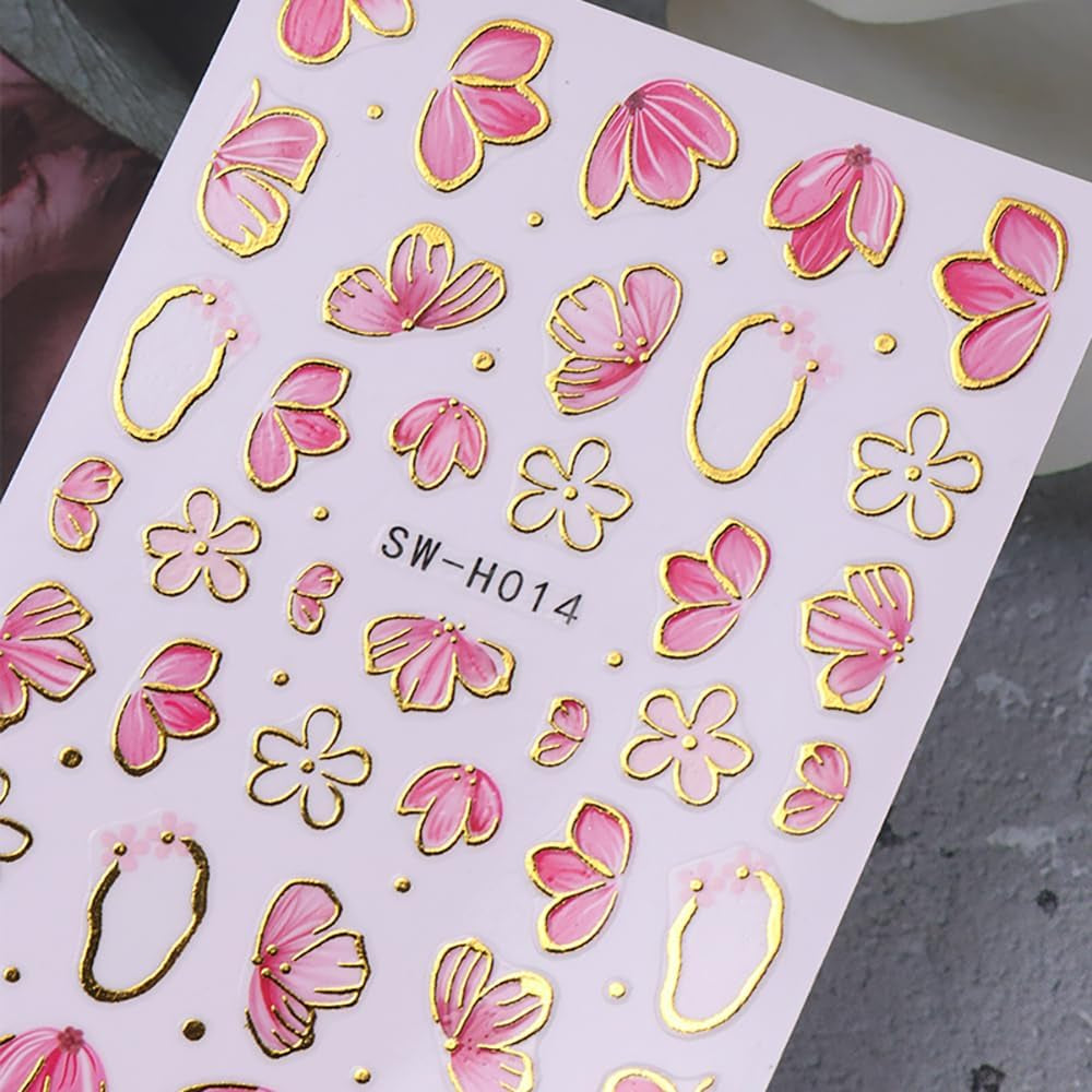 Guld Linie Schieber Rosa Nagelsticker Blumen 3D Flower Nail Sticker Sakura Blütenblätter Blumen Nagelaufkleber Frühling Sommer Floral Nagel Sticker Flowers Nagel Stickers Nageldesign Zubehör Nail Art