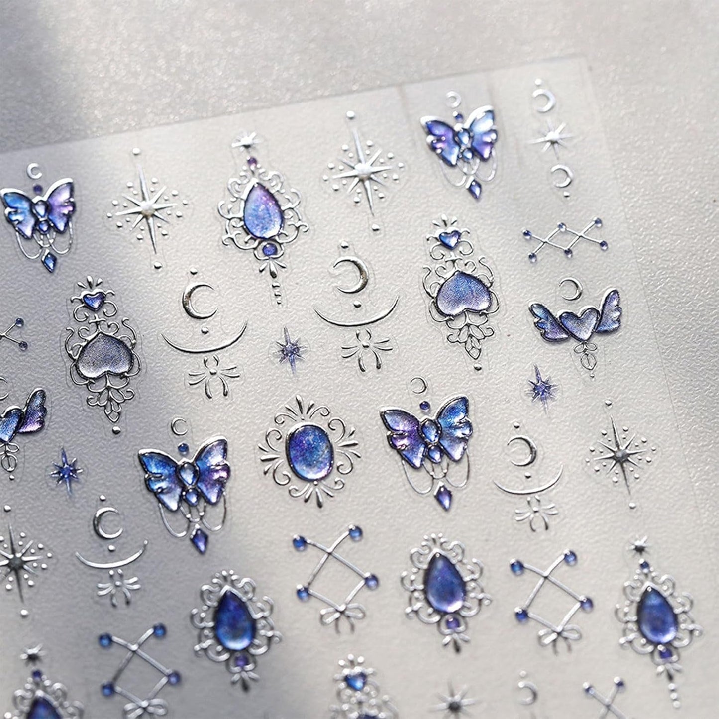 JMEOWIO 3D Nagelsticker Blauer Nail Art Sticker Selbstklebend Nagelaufkleber 5D Stereoskopisk Mondstern Dekoration Nageldesign Tilbehør 1 Blatt