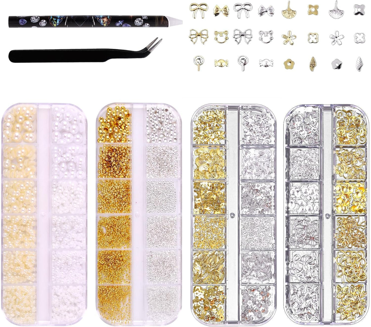 Sømnøglekæder 4 æskesæt - 48 typer guld og sølv 3D sømnøglekæder (sommerfugle, blomster, perler osv.) + pincet og kuglepen - til gør-det-selv-gel- og akrylnegle | Ideal for nail salon and home