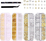 Sømnøglekæder 4 æskesæt - 48 typer guld og sølv 3D sømnøglekæder (sommerfugle, blomster, perler osv.) + pincet og kuglepen - til gør-det-selv-gel- og akrylnegle | Ideal for nail salon and home