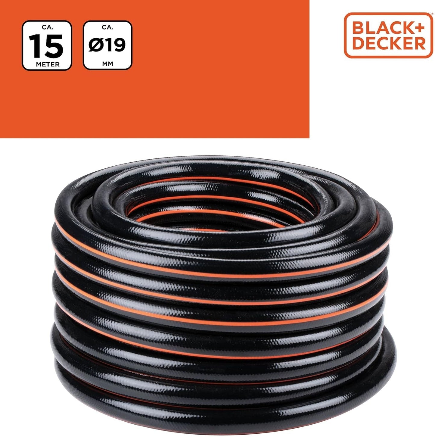 BLACK+DECKER Haveslange 15 meter - Ø19MM - Holdbar PVC - Vanding af haven, vask af bilen, fylde poolen - Kompatibel med enhver standard vandhane - Sort/Orange