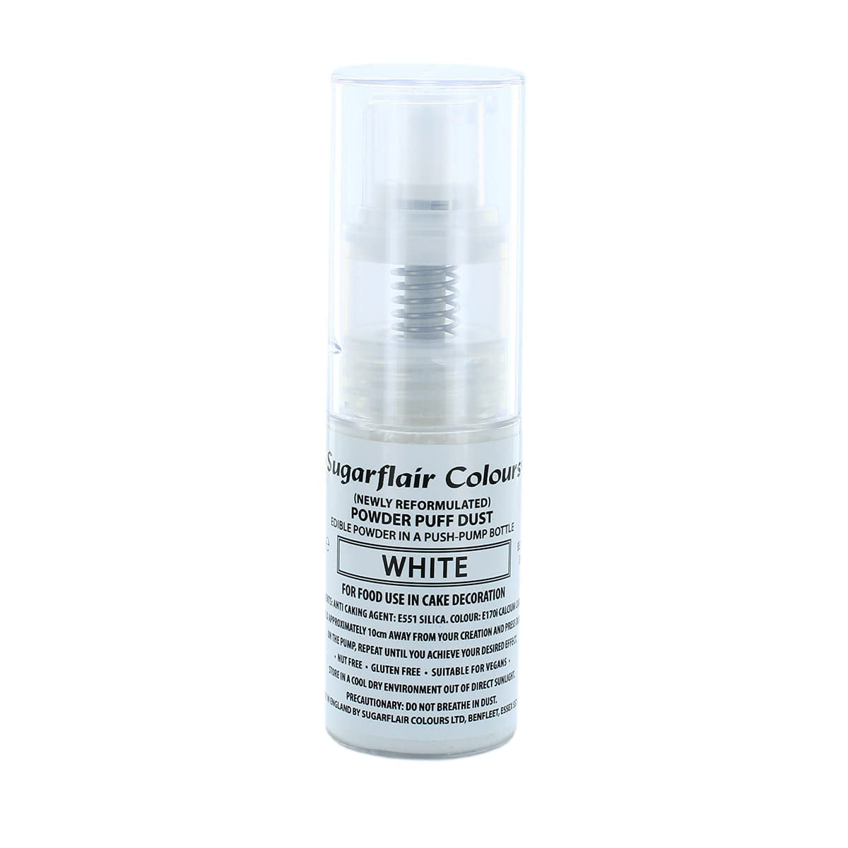 Sugarflair White Pump Powder Spray - kagepynt madfarve, aerosolfri spray til kager, muffins og mere - 10g