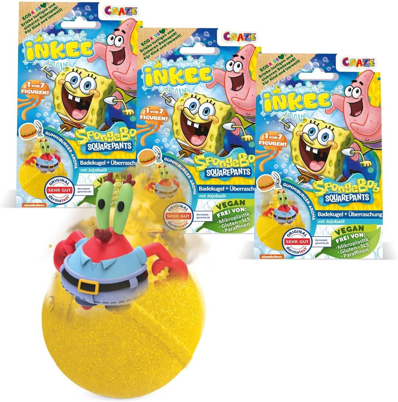 INKEE SpongeBob Surprise Kids Bath Bomb SvampeBob Firkant Samleobjekt 80 Grams Naty Shop Sæt med 3 SpongeBob Surprise Bath Bombs