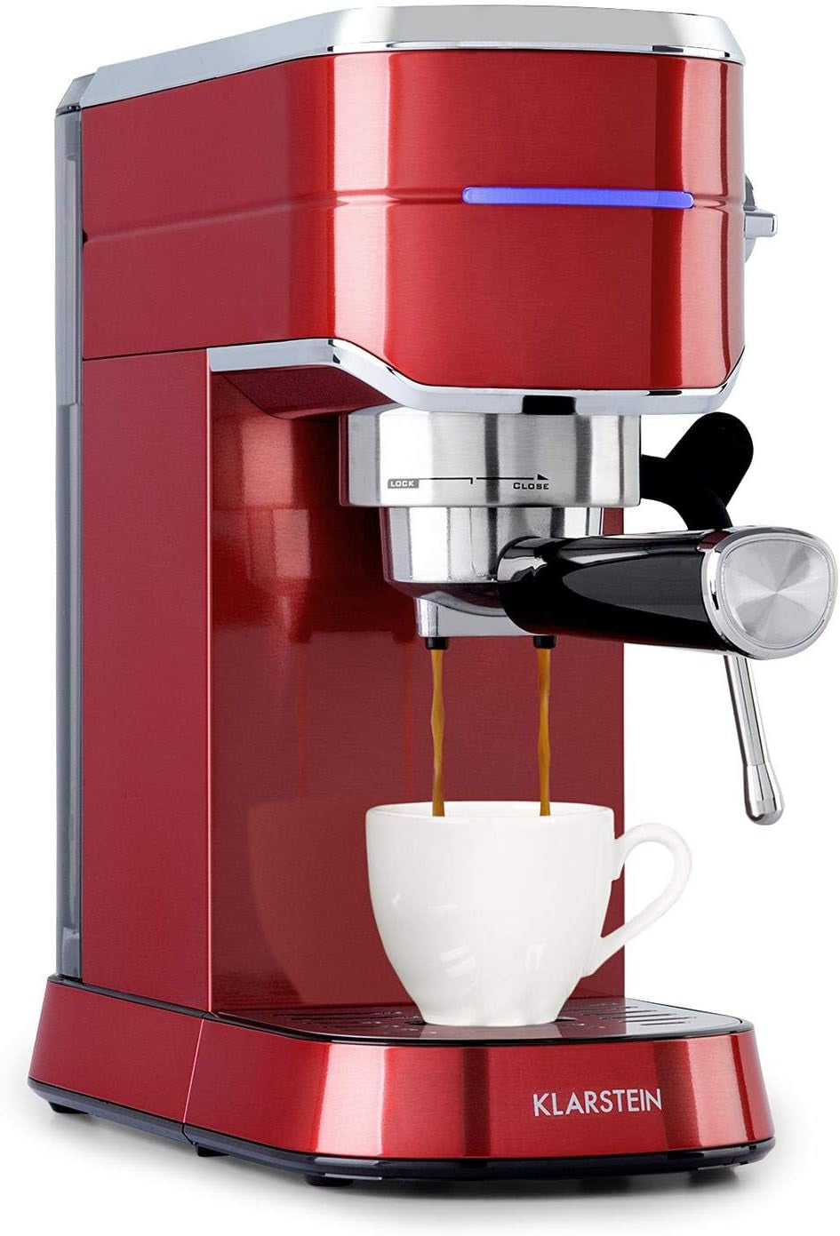 Klarstein Futura Espressomaskine, Bærbar Filter Espressomaskine, 1450 W, 20 bar, Barista Kvalitet, Dobbeltmundstykke, Flowstop, Bærbar Filter Espressomaskine, Mælkeskummerfunktion, Sølv