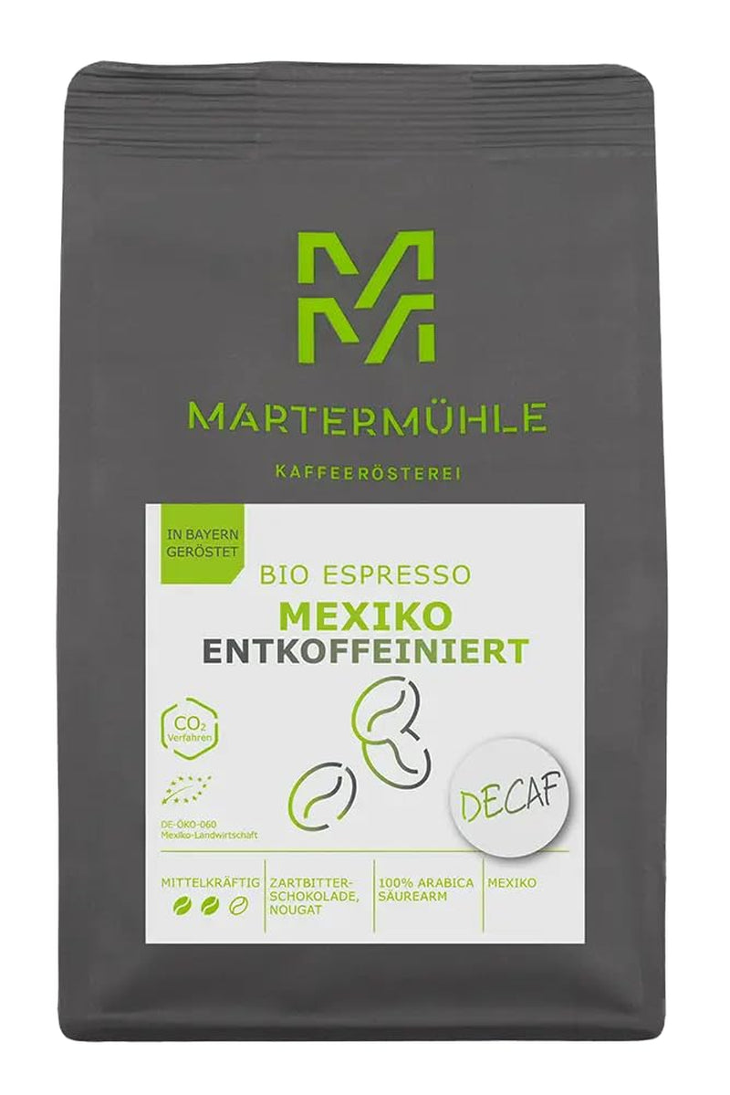 Martermühle Mexiko Bio Espressobohnen entkoffeiniert 1 kg mittelkräftig I Arabica I Smag: Nougat, Zartbitterschokolade I Ganze Bio Espresso-Bohnen schonend geröstet, säurearm