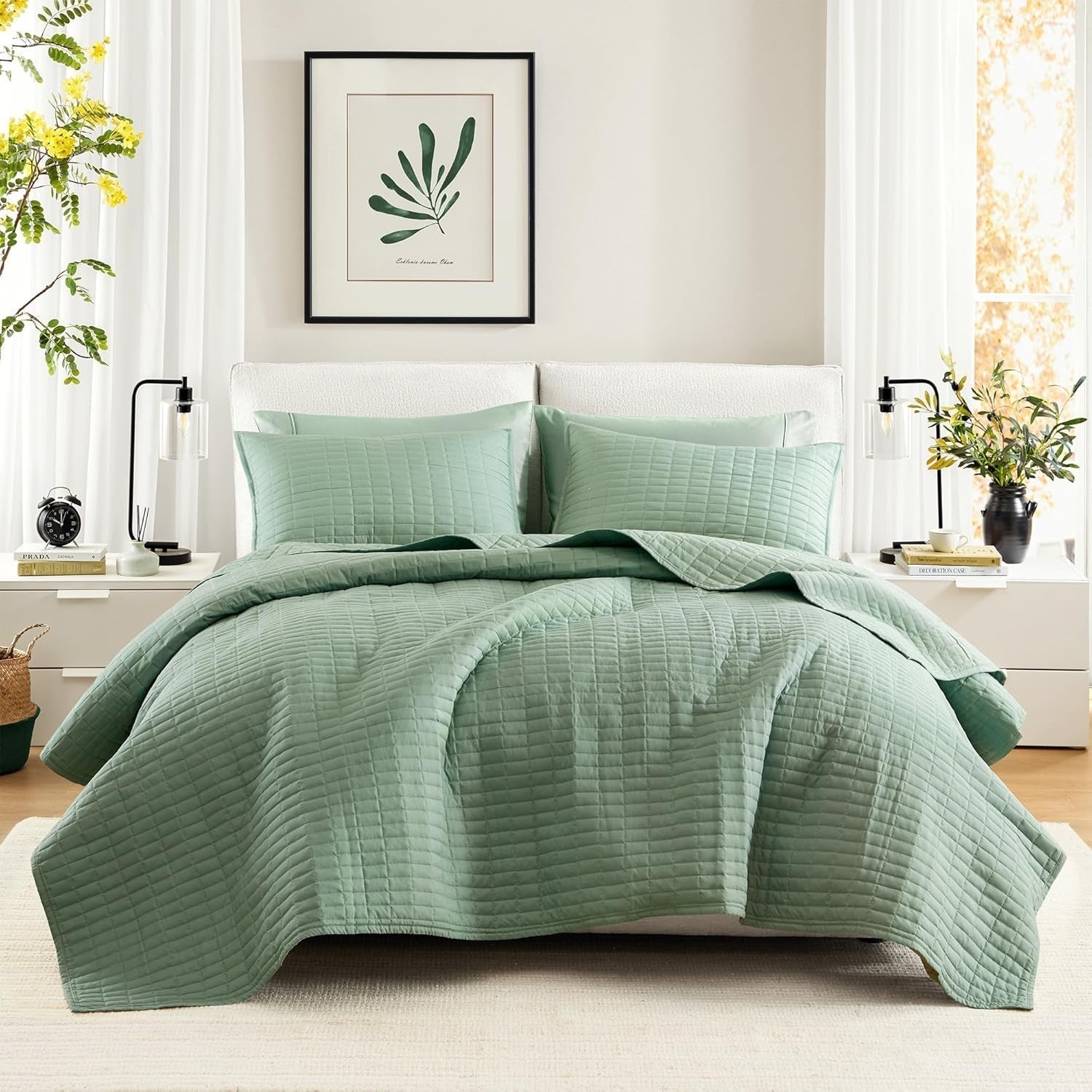 Comfort Spaces Kienna Quilt Sæt, Luksus Sommertæppe med dobbelt sting, Letvægts, Blødt Sengetøj året rundt, Matchende pudebetræk, Hvidt, Tæppe til King Size senge (264,2 X 228,6 cm), Naty Shop Dyner og Dyner Seafoam King/Cal King(104"X90")