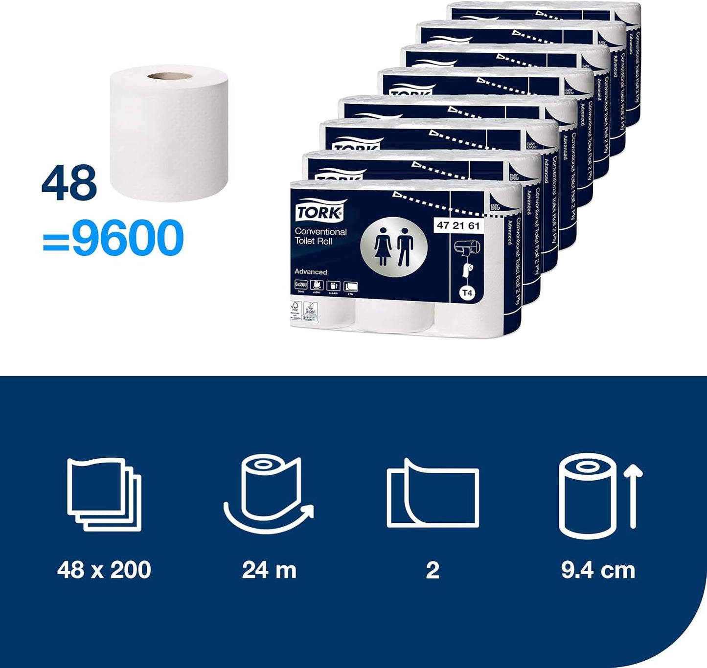 Toiletpapir Tork Small Roll White T4, Advanced, 2-lags, 48 ​​× 200 ark, 472161