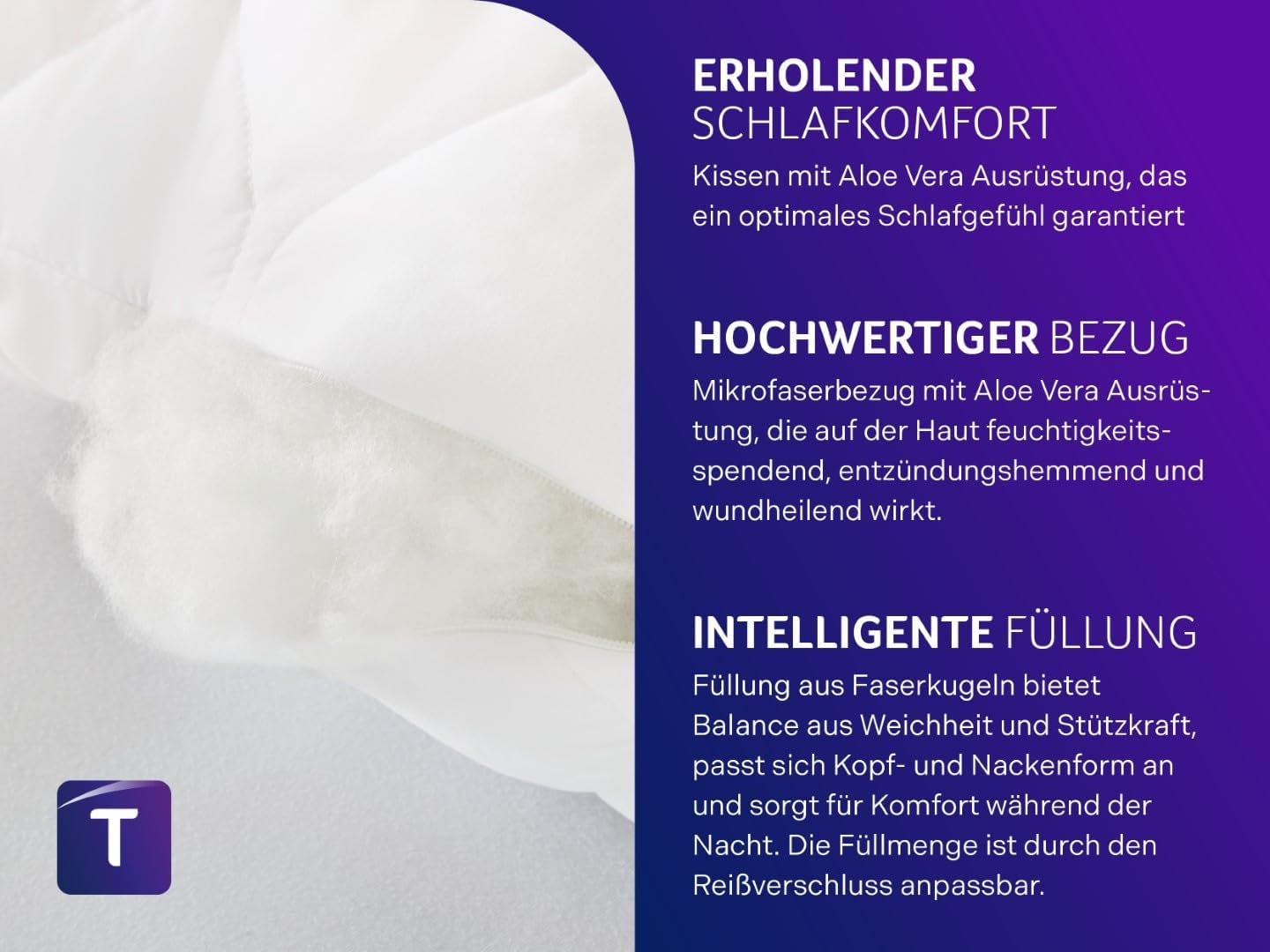 Traumnacht aloe vera pude med behageligt fløjlsblødt mikrofiberbetræk, 40X80 cm, Oeko-Tex certificeret, produceret efter den tyske kvalitetsstandard Naty Shop standardpuder