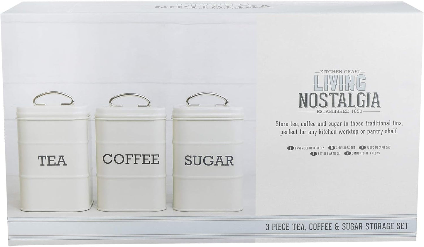 KitchenCraft Living Nostalgia sæt med 3 opbevaringskrukker til te, sukker og kaffe i gaveæske, stål, antik creme, 11 cm x 11 cm x 17 cm, vintage blå madopbevaringsbokse Naty Shop