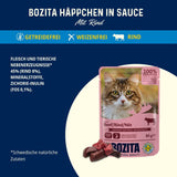 Bozita Pouch Vådfoderstykker i oksekødsauce - 12 poser x 85g Korn- og hvedefrit vådfoder til katte - Vådfoder til voksne katte med 8,5 % protein og 4,5 % fedt