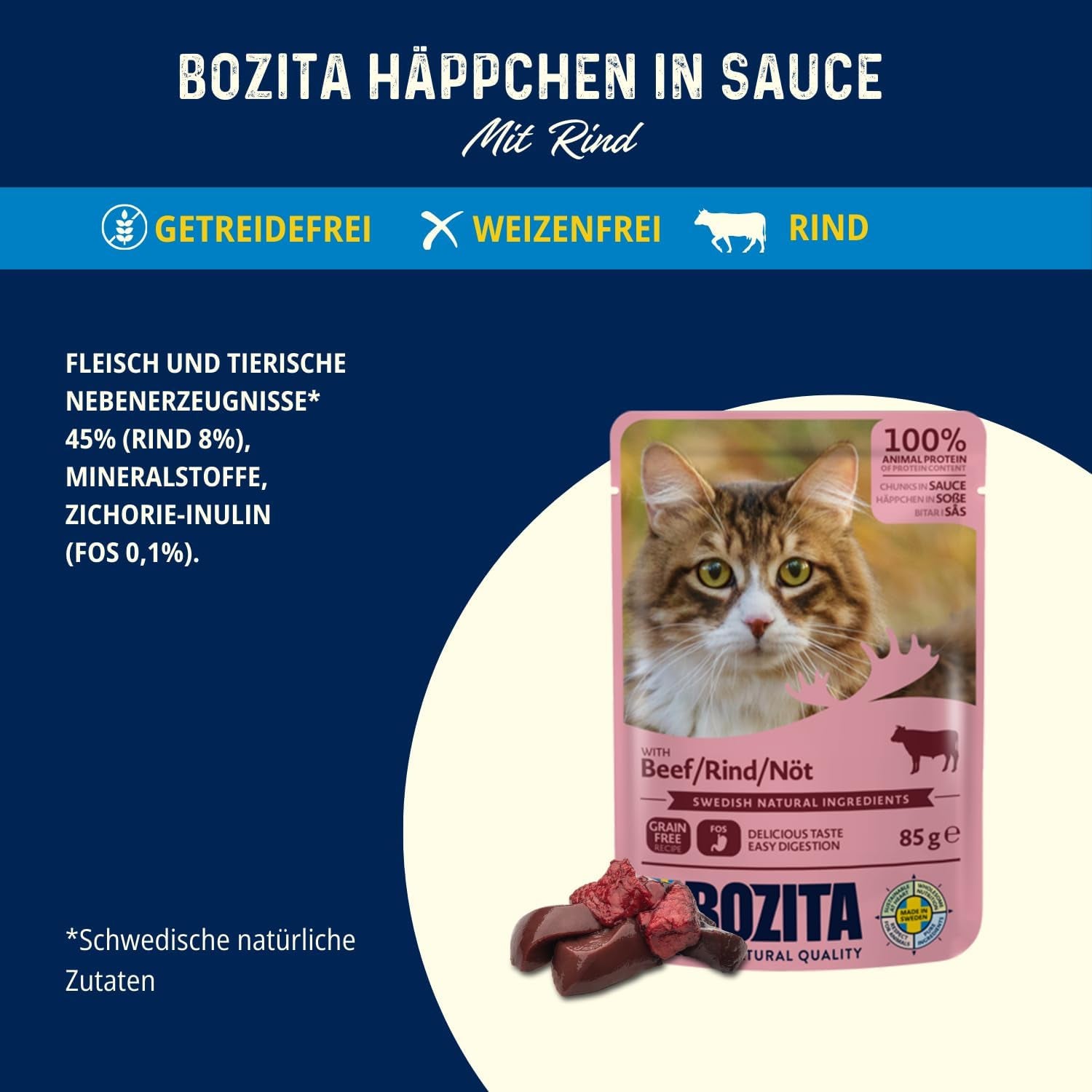 Bozita Pouch Vådfoderstykker i oksekødsauce - 12 poser x 85g Korn- og hvedefrit vådfoder til katte - Vådfoder til voksne katte med 8,5 % protein og 4,5 % fedt