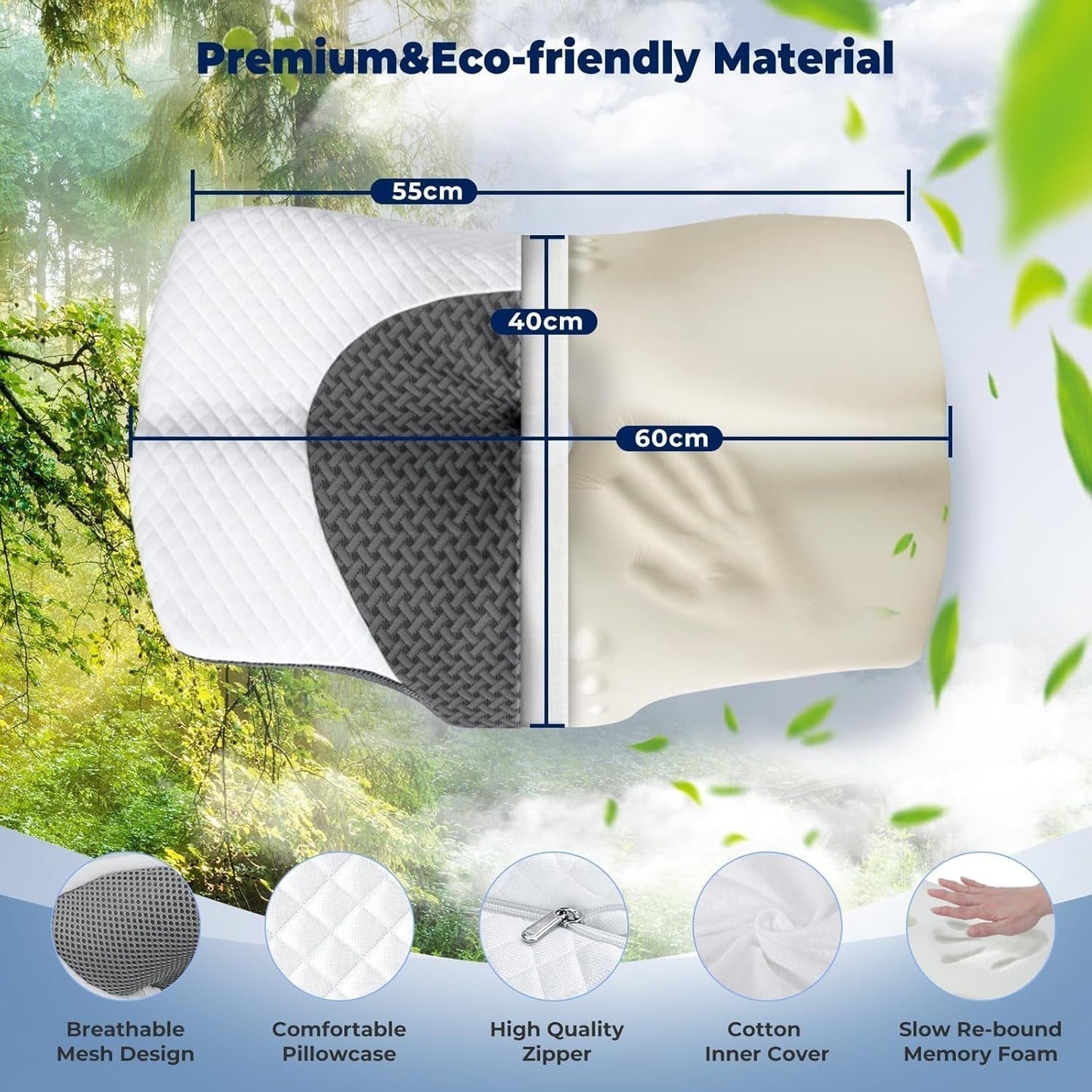 SAHEYER ortopædisk pude nakkestøtte pude hovedpude, ergonomisk nakkepude sidesovepude 60 X 40 X 13/11 cm memory foam pude til sidesove, ryg og mave Cervikale ortopædiske puder Naty Shop