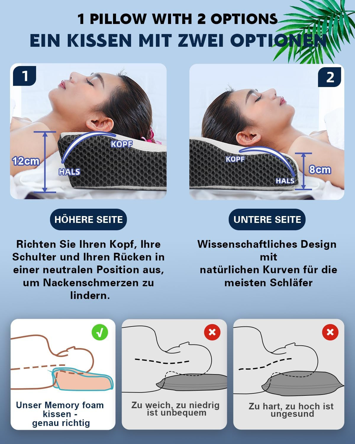 IDEA-pude, ergonomisk ortopædisk pude til nakkesmerter, memoryskumpude til side-, ryg- og mavesove, antisnorkepude til mænd, kvinder (62 * 34,5 * 12/8 cm) Cervikal ortopædiske puder Naty Shop