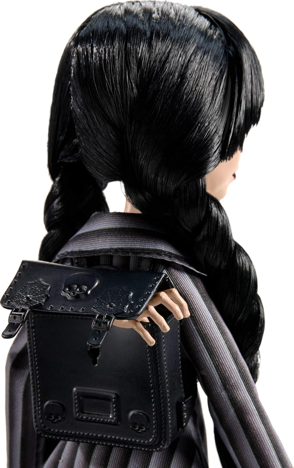 Monster High Wednesday Puppe und Accessoires, Wednesday Addams Sammelfigur in Nevermore Academy Uniform mit Eiskaltem Händchen und Rygsæk, Puppenständer, HXJ04