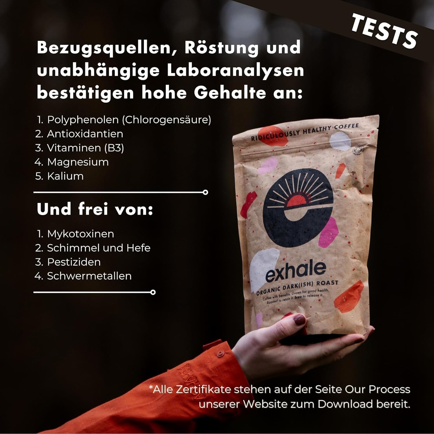 EXHALE Bio GANZE BOHNEN – Dunkel Gerösteter Kaffee – 450g Packung – Mykotoxinfrei & Geeignet für Bulletproof Coffee – Single Origin og 100% Arabica Bohnen