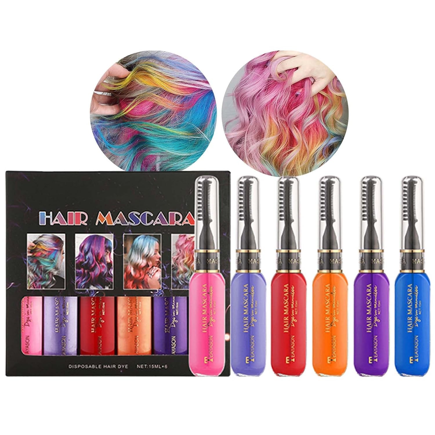 Øjeblikkelig hårfarve 6 farver Midlertidig hårmascara til piger og kvinder Vaskbart hår Kridt Regnbuehårmascara Hårfarve til Carnival Halloween Cosplay Fest Fødselsdag (A) Naty Shop Hårfarve A 90 Ml (1 pakke)