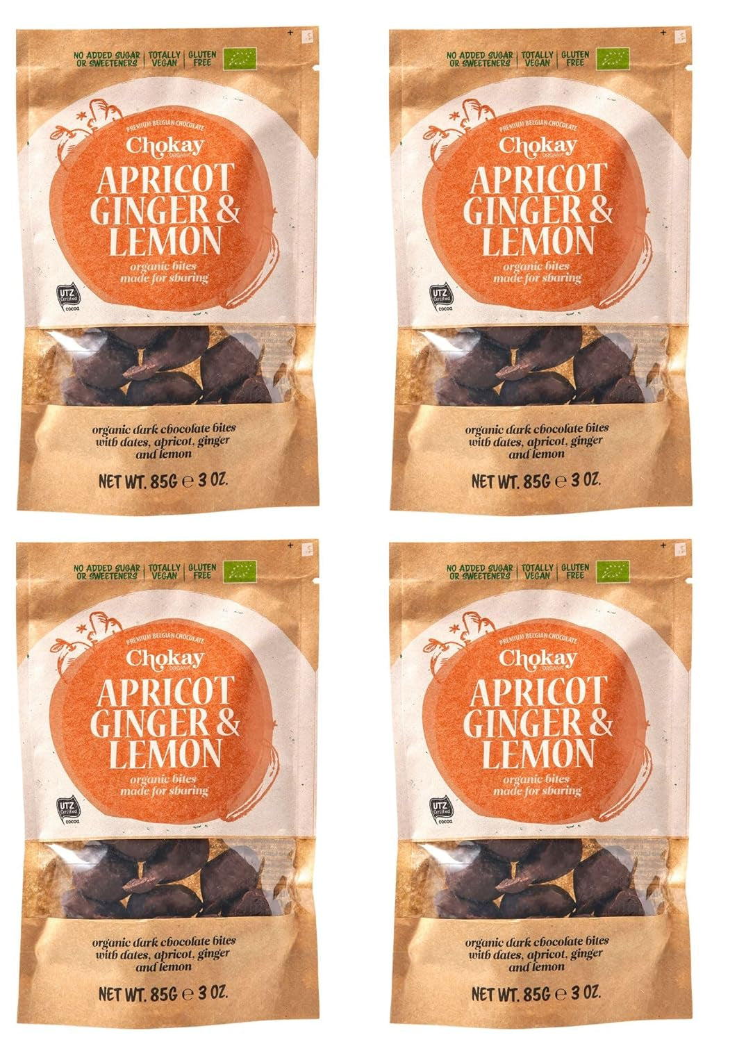 Sæt med 4 økologiske bid - kanelmandler/kanelmandler i belgisk mørk chokolade/ingen tilsat sukker, ingen sødemidler/VEGAN & FAIR TRADE / 4 x 85g