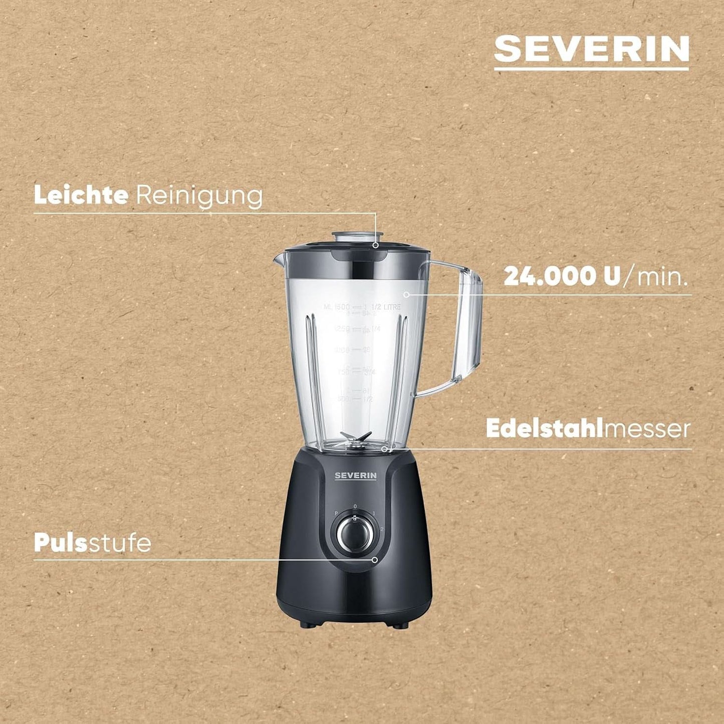 SEVERIN Standmixer Mit 1,5 L Mixbehälter Aus Tritan, Mixer Mit 2 Stufen og Pulse-Funktion, Leistungsstarker Küchenmixer Mit Edelstahlmesser, 600 W, Schwarz, SM 3707 Kitchen Naty Shop