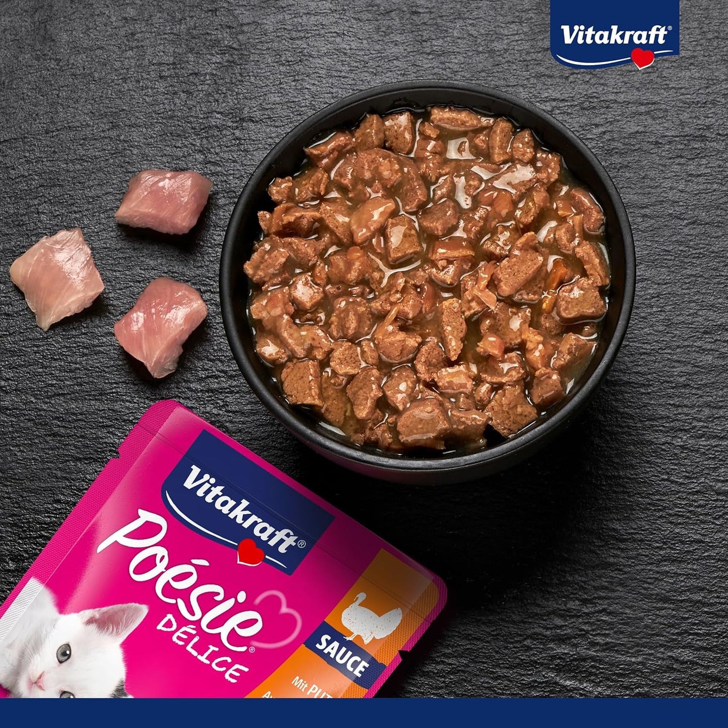 Vitakraft Poésie Délice, Junior, Vådfoder til katte, Vådfoder i sauce, med kalkun, Multipack, til unge katte, Uden tilsat sukker eller korn (23 x 85g)