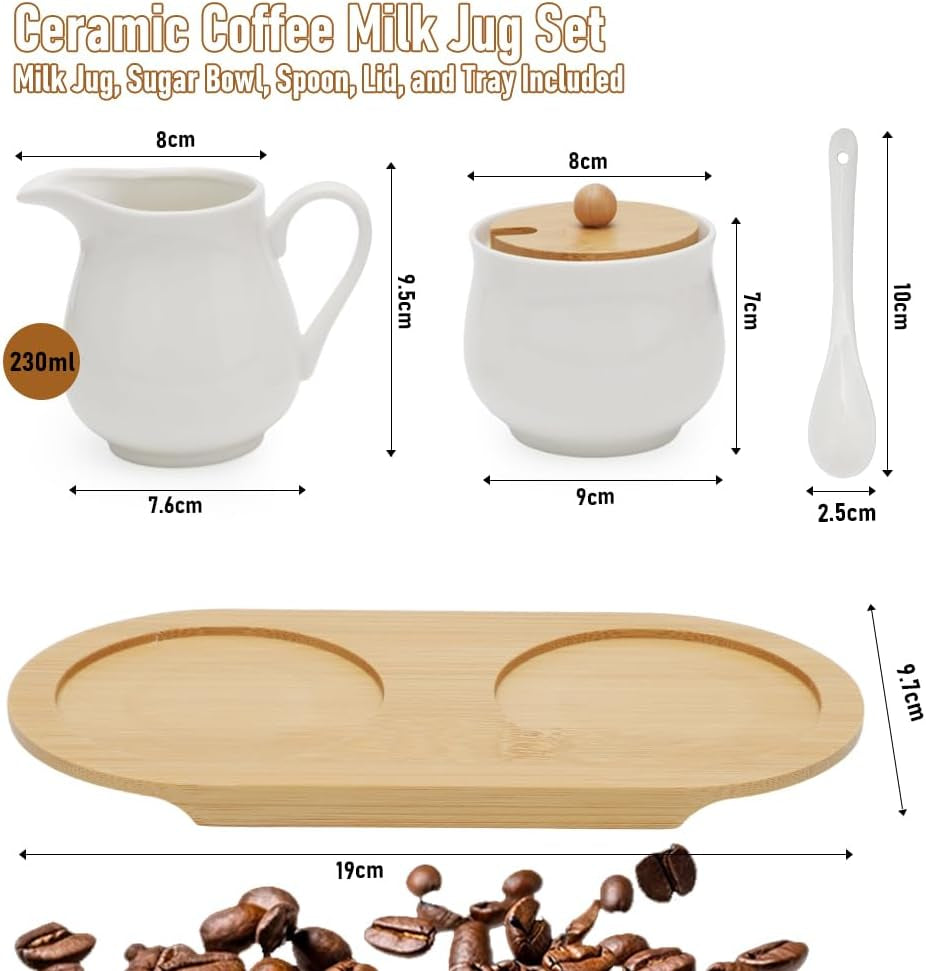 Mælke- og sukkersæt med låg og ske, 5-delt keramisk mælkekande og sukkerbeholder med trætablet, mælke- og sukkerbeholder til køkken, kaffe, mikroovn og opvaskemaskine (hvid)