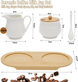 Mælke- og sukkersæt med låg og ske, 5-delt keramisk mælkekande og sukkerbeholder med trætablet, mælke- og sukkerbeholder til køkken, kaffe, mikroovn og opvaskemaskine (hvid)