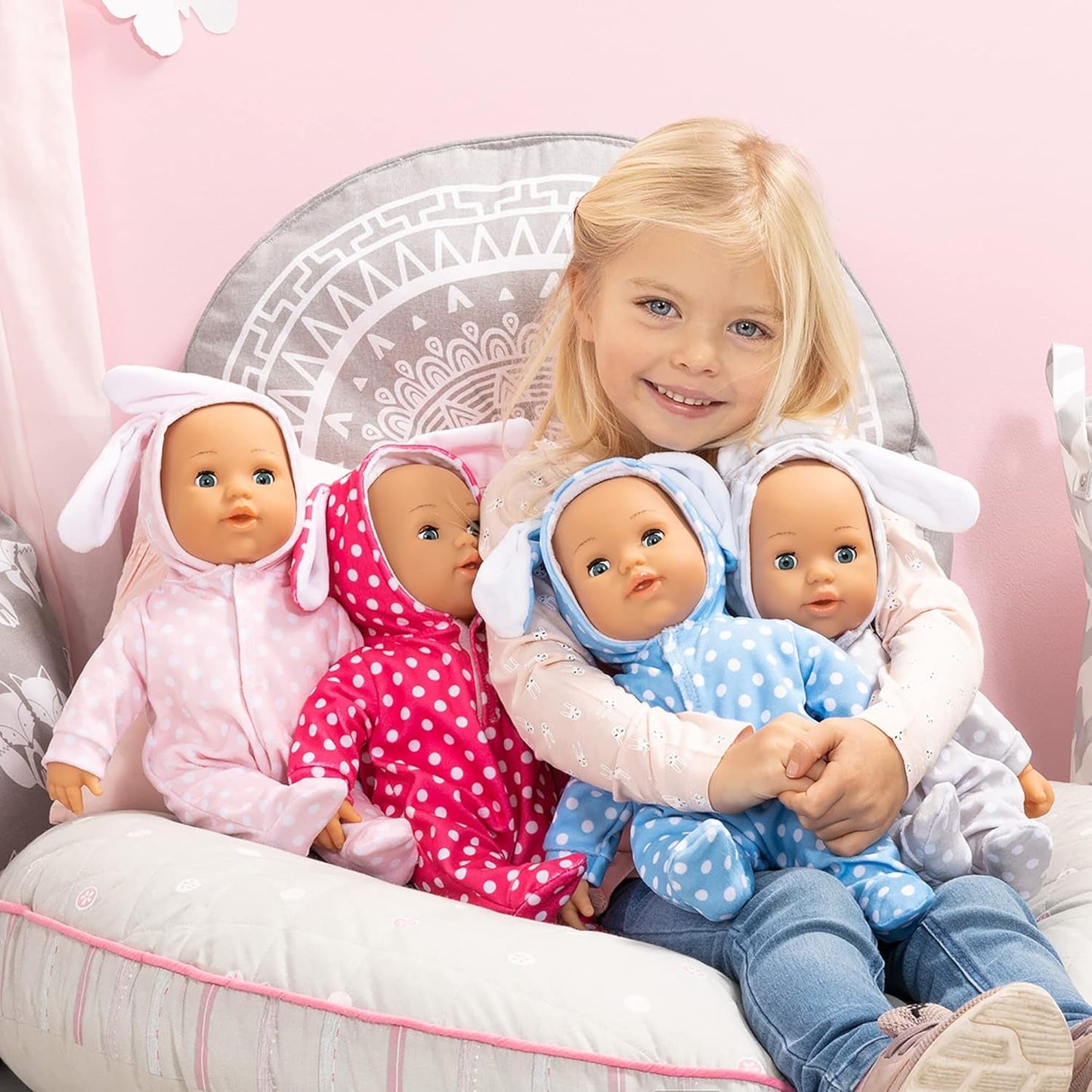 Bayer Design 93822AA Babypuppe Anna, spricht 24 Babylaute, weicher Körper, Schlafaugen, Schnuller, Flasche, 38 cm, rosa, Lille