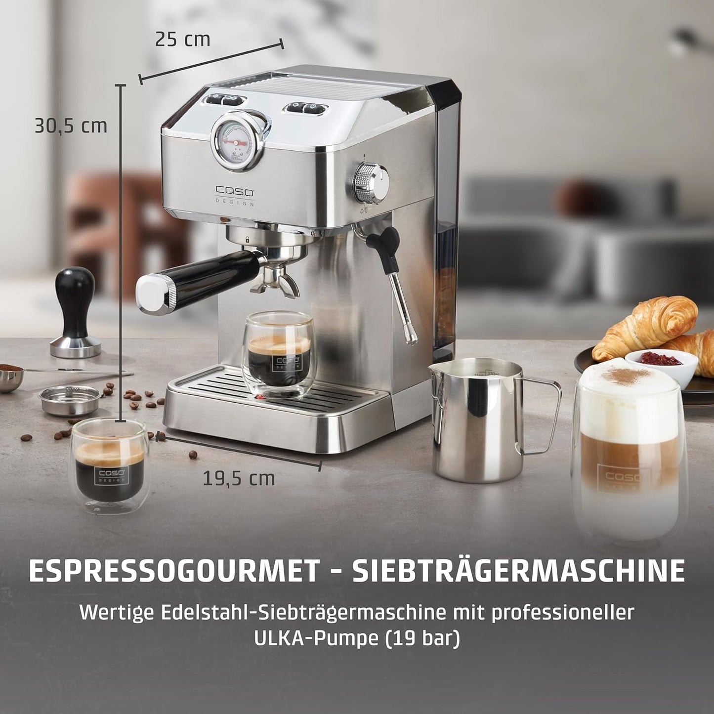 Caso Espresso Gourmet - Portafilter espressomaskine i rustfrit stål, kraftfuld 19 bar Ulka-pumpe, med mælkeskummer, til malet kaffe eller ESE-kaffekapsler, til 2 kopper, med kopvarmer