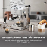Caso Espresso Gourmet - Portafilter espressomaskine i rustfrit stål, kraftfuld 19 bar Ulka-pumpe, med mælkeskummer, til malet kaffe eller ESE-kaffekapsler, til 2 kopper, med kopvarmer