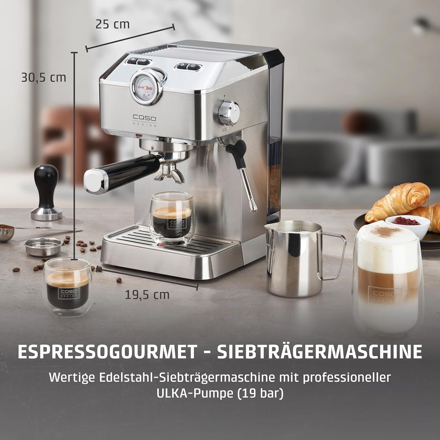 Caso Espresso Gourmet - Portafilter espressomaskine i rustfrit stål, kraftfuld 19 bar Ulka-pumpe, med mælkeskummer, til malet kaffe eller ESE-kaffekapsler, til 2 kopper, med kopvarmer