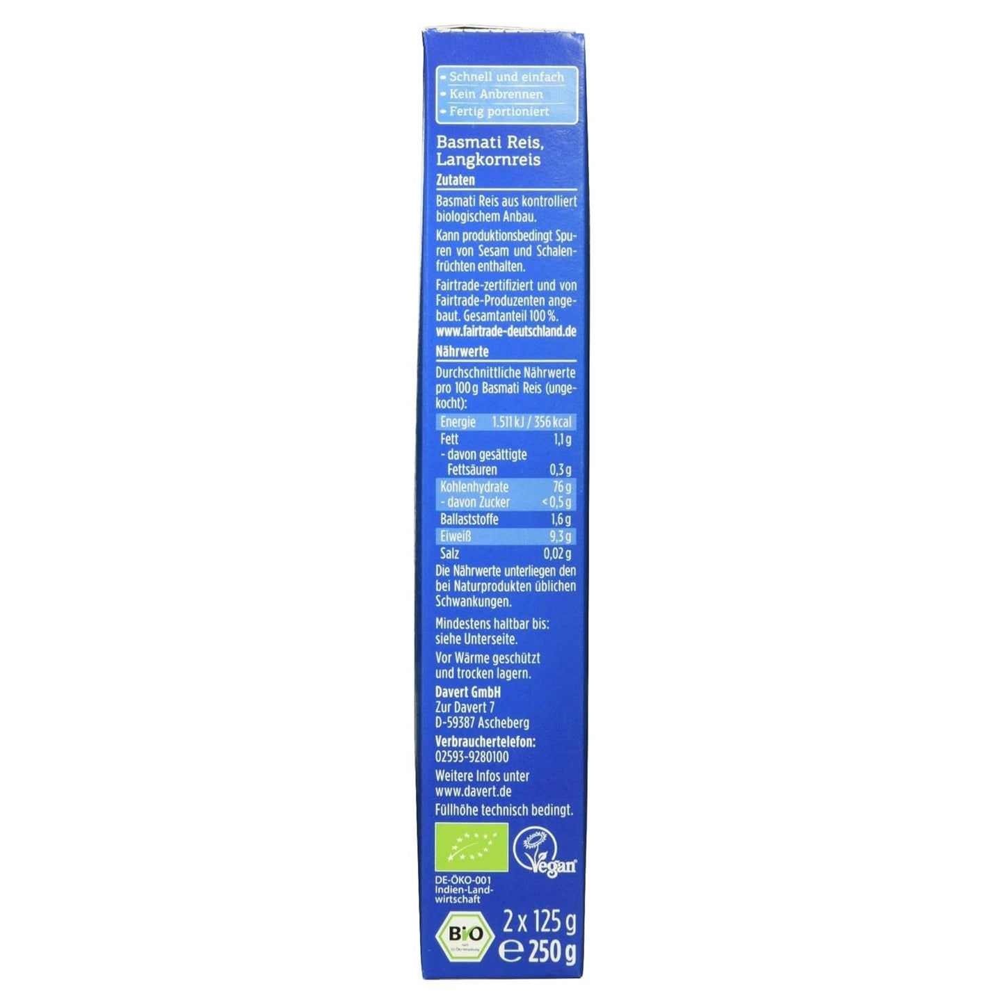 Davert økologiske basmatiris i kogeposer, 2 poser, 250g